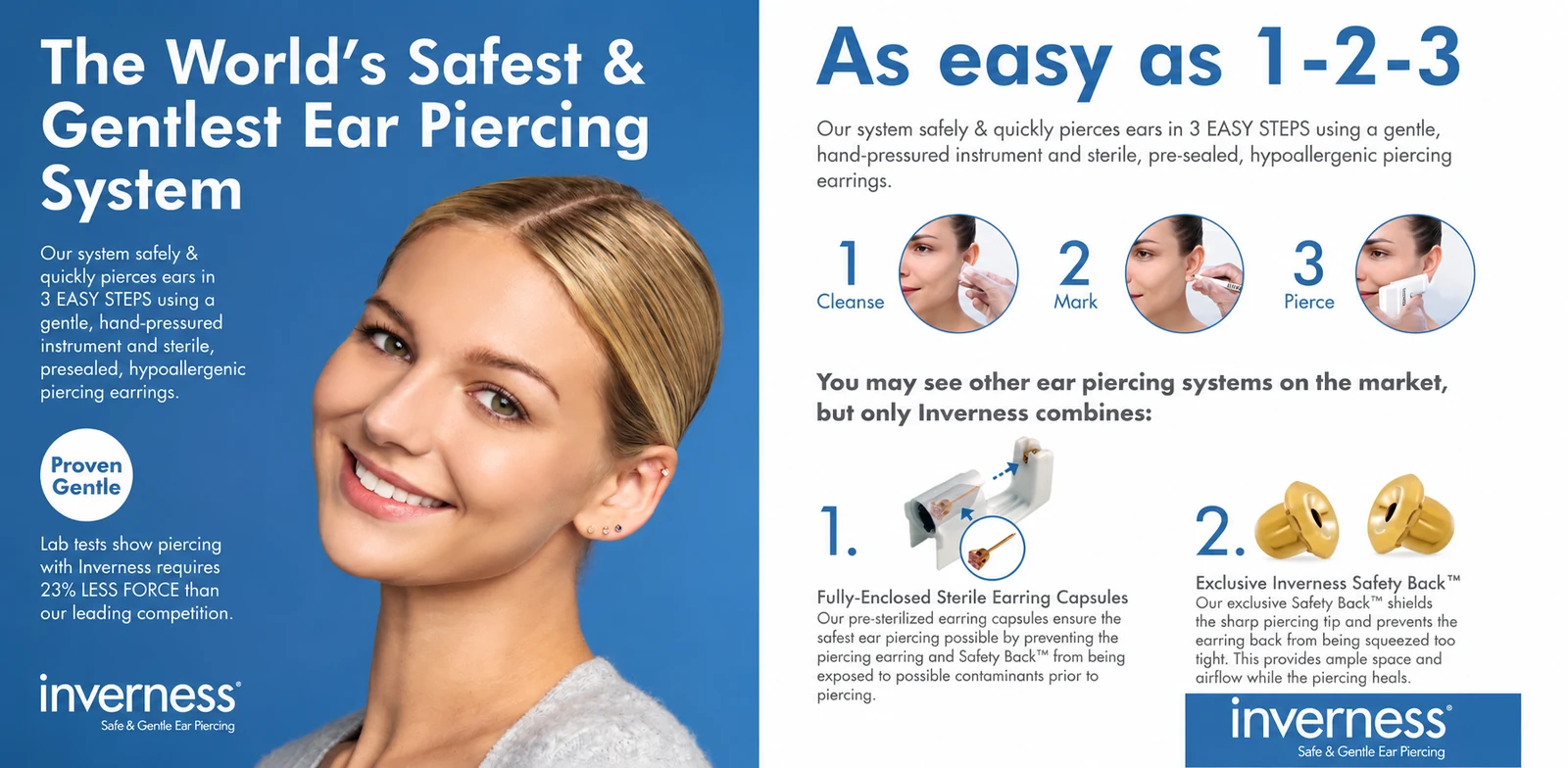 The Inverness ear piercing system: safely pierces ears in three easy steps — cleanse, mark, pierce — using a gentle hand-pressured instrument with sterile, pre-sealed, hypoallergenic earrings and the Inverness Safety Back.